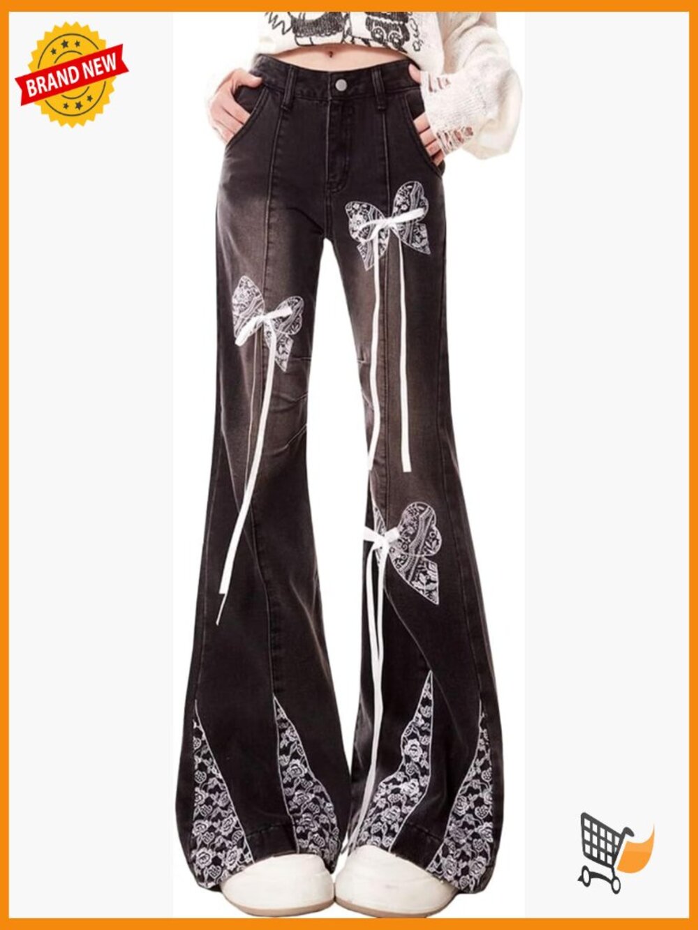 High Waisted Bell Bottom Jeans Y2K Bow Tie Lace Embroidered Drawstring